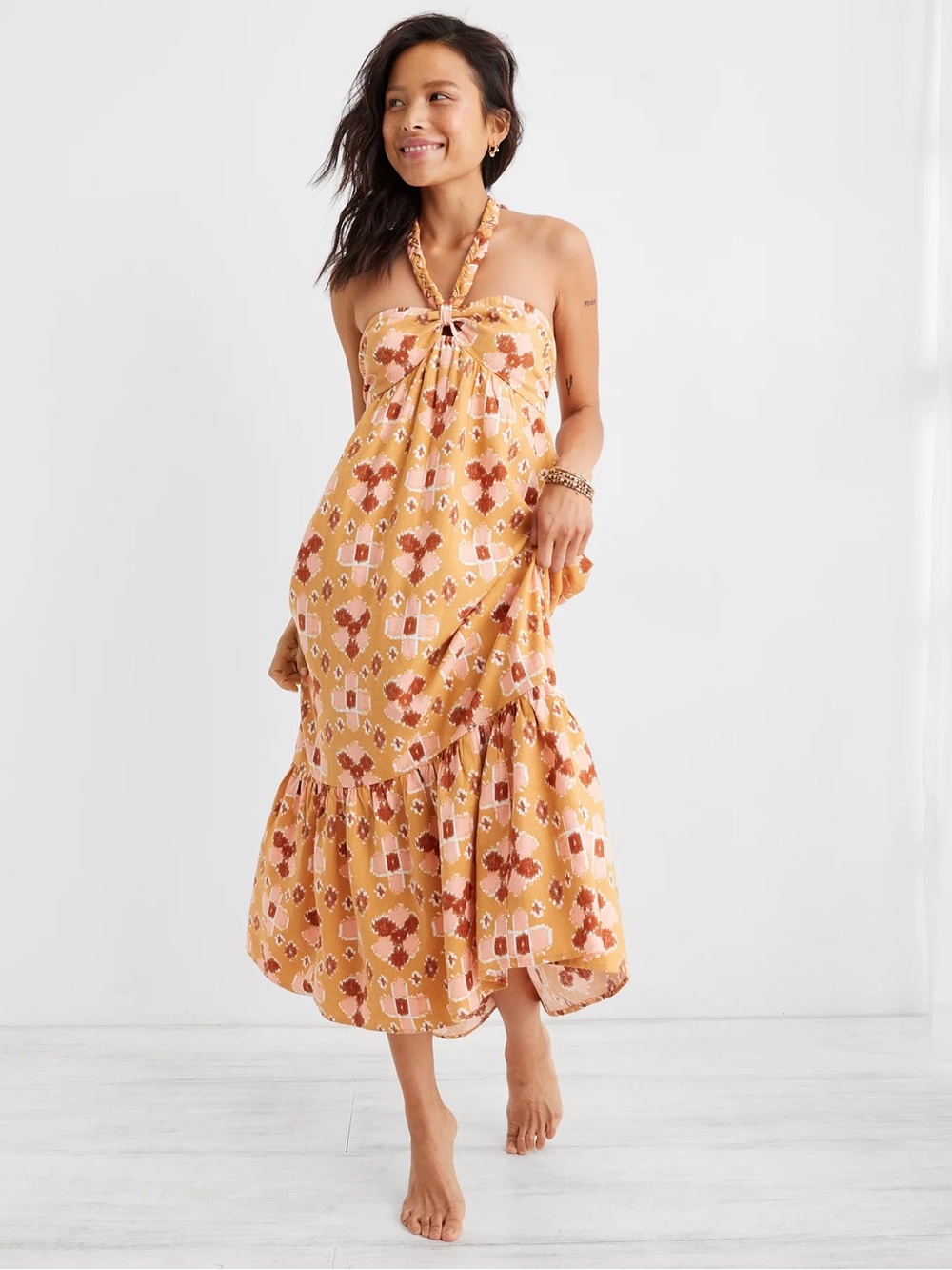 Aerie Women’s Orange Tribal Boho Braided Halter Neck Maxi Linen Blend Sun Dress